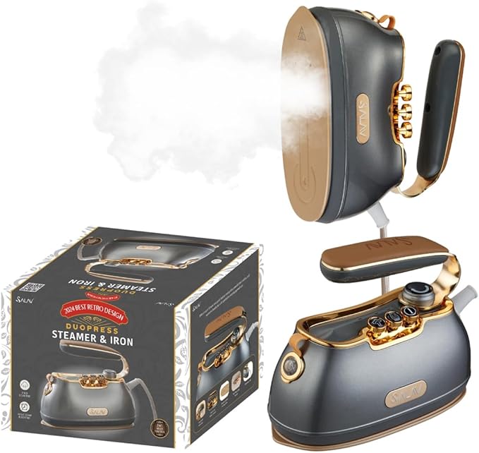 SALAV® Retro Edition Duopress Handheld Garment Steamer & Iron, Ceramic Plate, 1000W, No Drip Steam, Vertical & Horizontal Steam, Titanium - Removes Wrinkles & Refreshes Clothes, Vintage Style