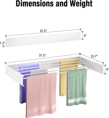 Wall Mounted Drying Rack 31.5", 5 Aluminum Poles, 60 lb. Load Capacity, Foldable, Retractable, Space Saving Clothes Drying Rack (31.5" White)
