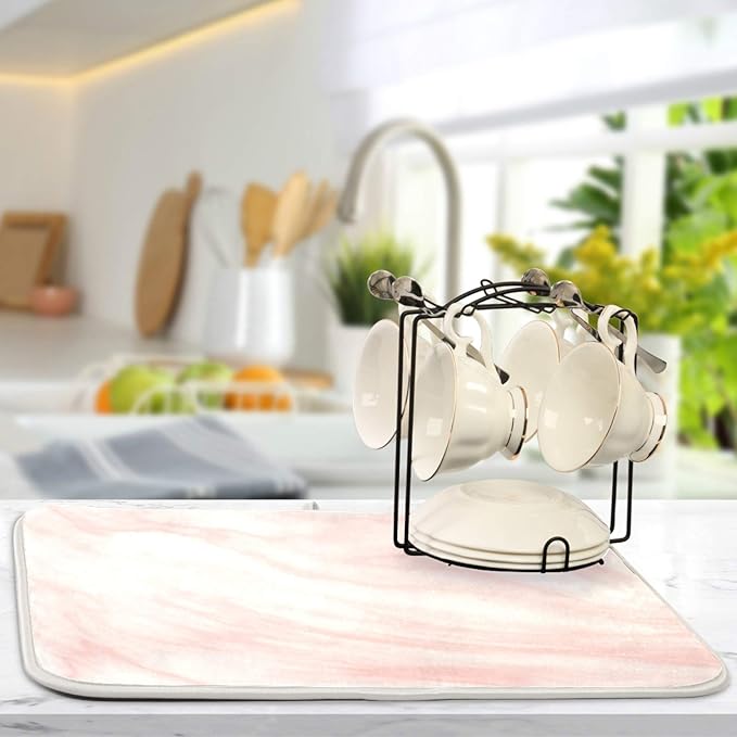 Super Absorbent Dish Drying Mat, Microfiber Fast-Drying Dish Mat, 16" x 18", Kitchen Dish Drying Pad, Pink Coral Marble