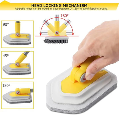 Lalafancy Shower Cleaning Brush with Locking Head, 3 in 1 Tub Tile Scrubber Brush with 50'' Extendable Long Handle Stiff Bristles Scouring Pads Microfiber for Cleaning Bathtub Shower Wall Bathroom