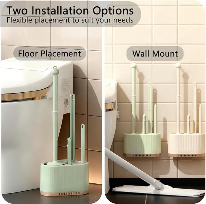 4 in 1 Toilet Cleaner Brush Toilet Bowl Brush and Holder Set Silicone Toilet Brush，Stuff Floor Standing or Wall Mounted Toilet Scrubber Without Drilling (Light Green)