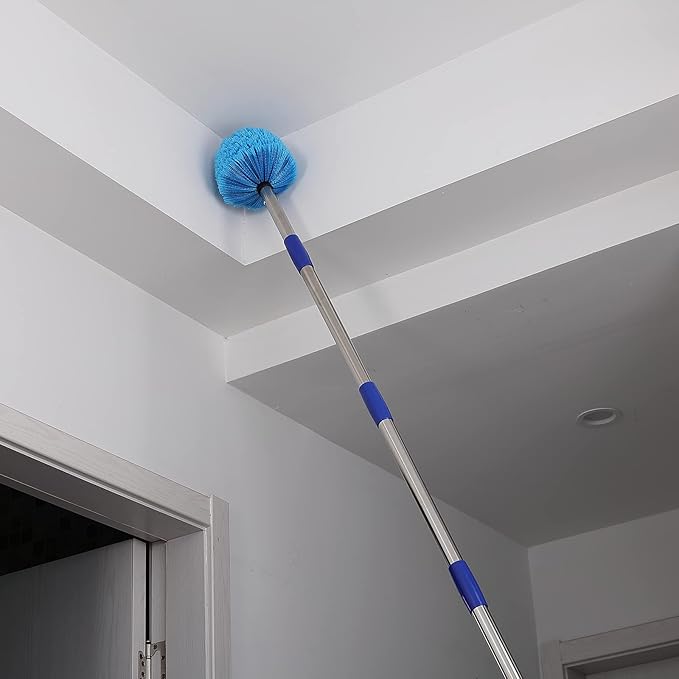 Cobweb Duster with Extension Pole - 8 FT Lightweight Stainless Steel Extendable Duster Ceiling Fan Duster for High Ceilings, Medium Stiff PET Bristle Spider Web Brush for Indoor/Outdoor Cleaning