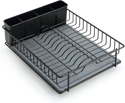 SunnyPoint 304 Stainless Steel Dish Drying Rack with Diatomaceous Earth Drainboard & Removable Utensil Caddy – Rust Resistant Countertop Dish Rack for Kitchen (Black)