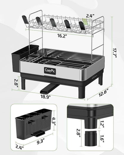 2 Tier Dish Drying Rack, Thicker Premium 304 Stainless Steel Dish Racks for Kitchen Counter, Automatic Drainage Spout, Dish Drainer & Drainboard Set with Utensil Holder and Cup Holder, Black