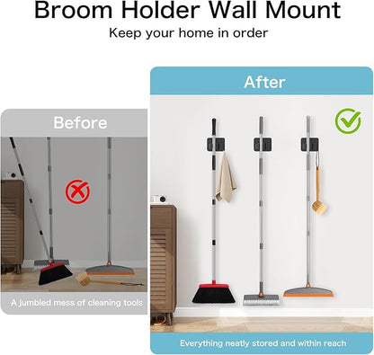 nacena Broom Holder Wall Mount, 4 Packs Black Stainless Steel Mop and Broom Hanger with Hooks Heavy Duty Broom and Mop Organizer Wall Hanging for Bathroom