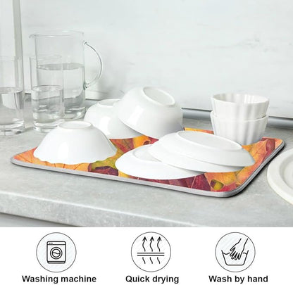 Colorful Autumn Maple Leaves Dish Drying Mat for Kitchen Counter Fall Drying Mat 18 x 24 Inch with Absorbent Reversible Microfiber Dish Drying Pad Dish Rack Drainer Mats for Coffee Bar