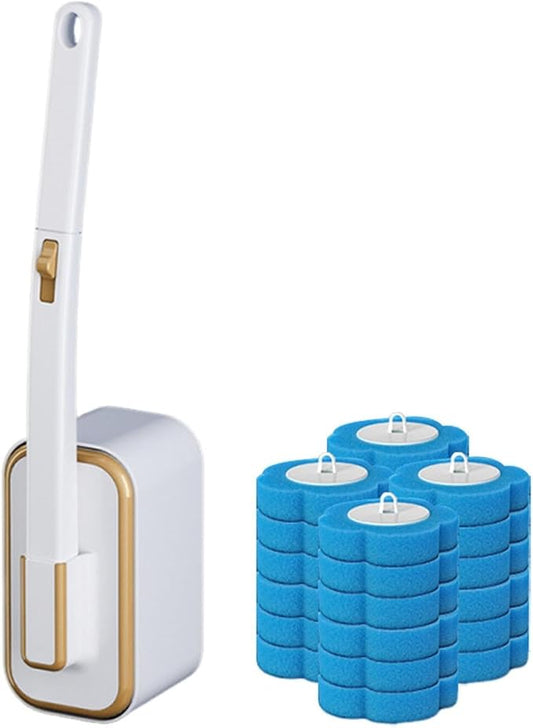 Disposable Toilet Brush, Toilet Cleaning System with Heads, Disposable Silicone Toilets Brush and Holder Set, Soft Sponge Bathroom Toilets Brush for Home, Easy to Grasp & Use (1 brush+24 heads, White)