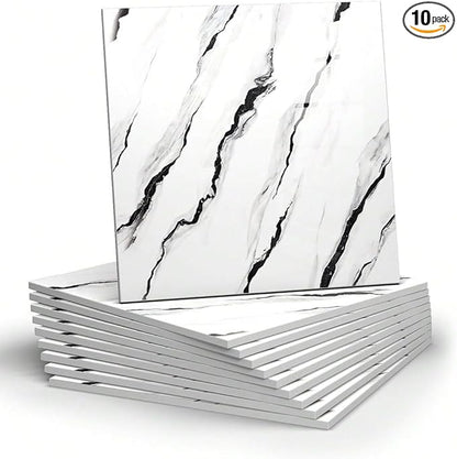 Chejiaye 10pcs Marble Peel and Stick Backsplash Waterproof Washroom Wall Panels, Peel and Stick Tile, PVC Foam Wall Panels for Kitchen,Bathroom,living room,White and Black(Not Real Tile,11.8" x 11.8")