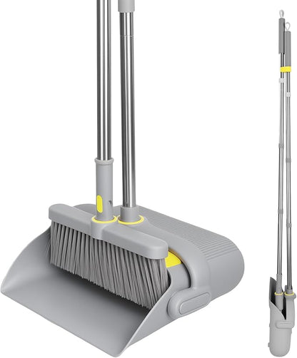 Upgrade Broom and Dustpan Set 180° Rotatable Head with 61" Extra Long Adjustable Handle Self-Cleaning Dustpan Teeth&Zero Gap Indoor Outdoor Sweeping for Home Kitchen Office Pet Hair-Gray&Yellow