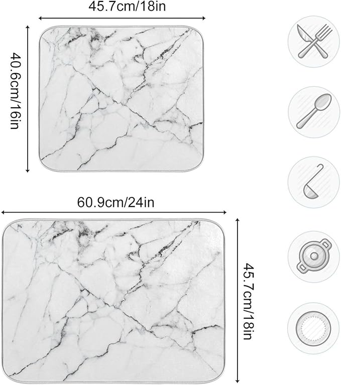 White Grey Marble Dish Drying Mat for Kitchen Counter Absorbent Microfiber Drying Pad, Large 18x24 in, Reversible Drainer Mats