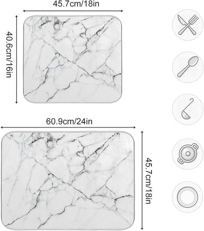 White Grey Marble Dish Drying Mat for Kitchen Counter Absorbent Microfiber Drying Pad, Medium 16x18 in, Reversible Drainer Mats