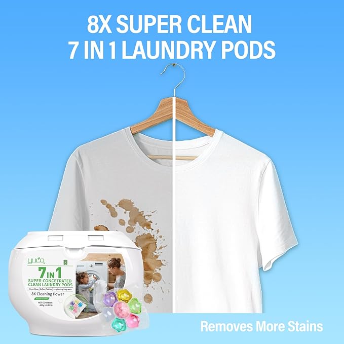 YUCO Laundry Pods Detergent 7-in-1 Super Cleaning PowerHypoallergenic & Ultra Concentrated Laundry Liquid Pods HE Compatible Washing Detergent with Long-Lasting Mixed Floral Fragrance 32 Loads
