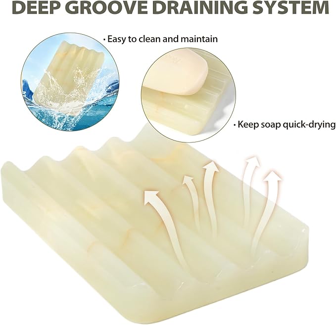 Koville Green Onyx Soap Dish Genuine Marble Soap Dish for Bathroom Shower, Natural Onyx Stone Soap Tray for Bathroom, Bar Soap Holder for Sink, Stripe Grooves Saver Keep Bars Dry Easy Clean