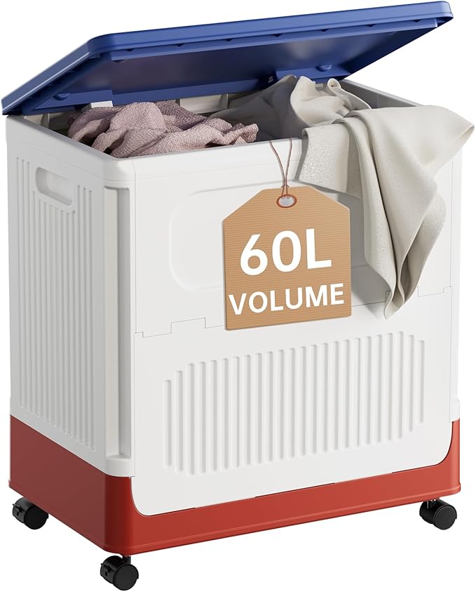 HAIXIN HOME 60L Cute Laundry Hamper, Slim Rolling Laundry Hamper with Lid, Dirty Clothes Hamper Cart with Handle for Bedroom, Bathroom, Closet, Dorm, Blue Lid, White Body and Red Base - Tricolor