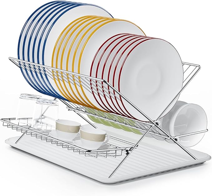 Dish Drying Rack with Drip Tray, Upgrade 3 Tier Collapsible Stainless Steel Dish Drainer, Plate Rack Holder for Kitchen Counter, Folding Dish Rack for Kitchen Sink, Countertop,Cutlery, Plates, Dishes