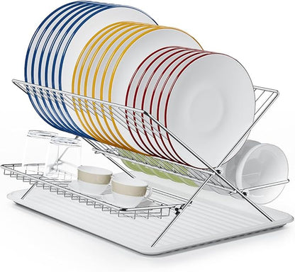 Dish Drying Rack with Drip Tray, Upgrade 3 Tier Collapsible Stainless Steel Dish Drainer, Plate Rack Holder for Kitchen Counter, Folding Dish Rack for Kitchen Sink, Countertop,Cutlery, Plates, Dishes