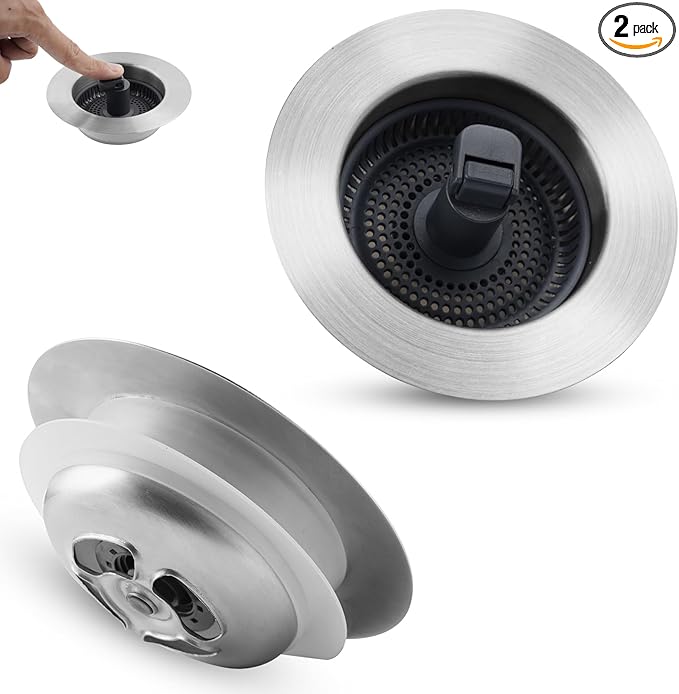 Universal 3 in 1 Kitchen Sink Drain Strainer Stopper Combo, Stainless Steel Shell Pop Up Sink Stopper for US Standard 3-1/2 inch Drain Filter, Anti-Clog and Easy Clean