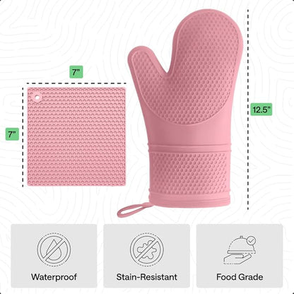 GORILLA GRIP BPA-Free Soft Silicone Oven Mitts and Pot Holders Sets of 4, Heat Resistant Waterproof Cooking Gloves, Thick Cotton Lining, Flexible Gripping for Baking Grilling, Kitchen Trivets, Pink