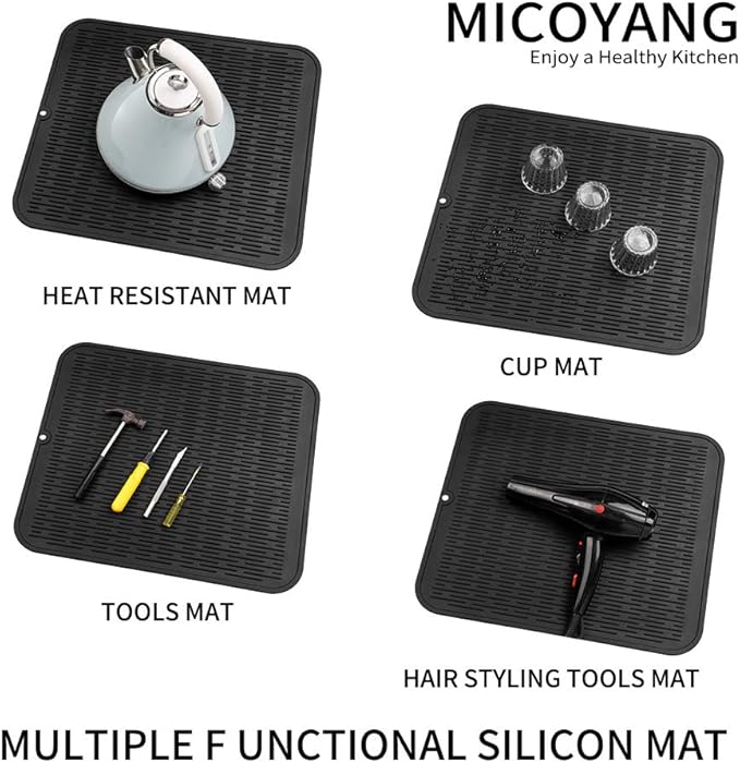 MicoYang Silicone Dish Drying Mat for Multiple Usage,Easy clean,Eco-friendly,Heat-resistant Silicone Mat for Kitchen Counter or Sink,Refrigerator or Drawer Liner Black XL 18 inches x 16 inches