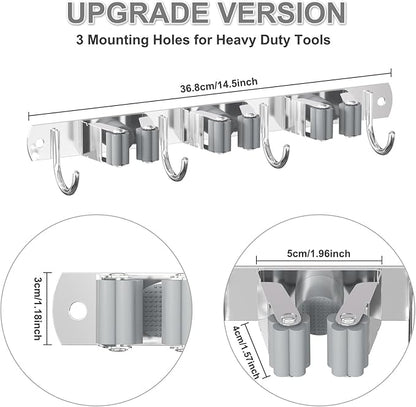 Broom Holder Wall Mount, Broom Organizer Wall Mount Stainless Steel Broom and Mop Hanger Heavy Duty Storage Organization for Home Kitchen Garden Garage Room 3 Racks 4 Hooks Grey