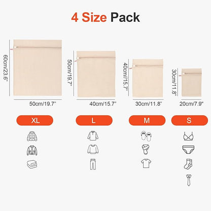 MADIKA 100% Cotton Mesh Laundry Bags, Organic Cotton Laundry bags, No Dye, Set of 4, Natural