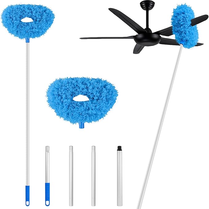 Blue Ceiling Fan Duster - Extended Fan Blade Cleaner, Reusable Microfiber, Adjusts 13 to 55 Inch for Cleaning Walls, Cobweb, Door, Window Top