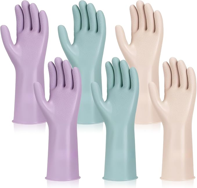 LoveBB 6 Pairs Rubber Cleaning Gloves, Reusable Dishwashing Gloves Non-Slip Kitchen Gloves for Washing Dishes & Household Cleaning- Pink Blue Purple (Medium)