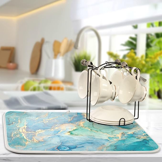 Marble Dish Drying Mat for Kitchen Counter Blue Teal Turquoise Gold Drying Mat 16 x 18 Inch with High Absorbent Reversible Microfiber Dish Drying Pad Dish Rack Pad Drainer Mat for Coffee Bar