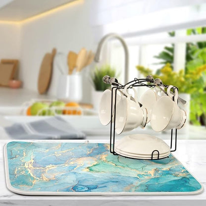 Marble Dish Drying Mat for Kitchen Counter Blue Teal Turquoise Gold Drying Mat 16 x 18 Inch with High Absorbent Reversible Microfiber Dish Drying Pad Dish Rack Pad Drainer Mat for Coffee Bar