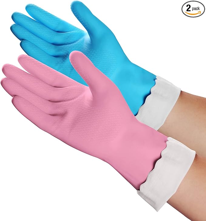HSL Household Cleaning Gloves - Reusable Kitchen Dishwashing Gloves with Latex Free, Cotton lining, Waterproof, Non-Slip (Small, 2 Pairs)
