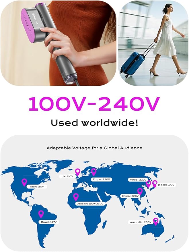 MAGIC JOHN Travel Steamer for Clothes, 100-240V Dual Voltage Portable Garment Steamer, 1000W Travel Size Handheld Steamer & Iron 2 in 1 for Global & Europe Travel, Business, Home