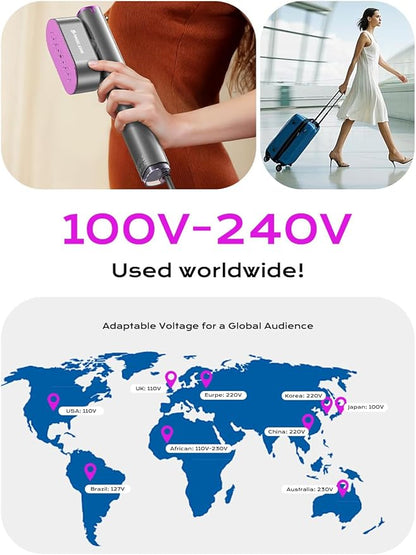 MAGIC JOHN Travel Steamer for Clothes, 100-240V Dual Voltage Portable Garment Steamer, 1000W Travel Size Handheld Steamer & Iron 2 in 1 for Global & Europe Travel, Business, Home
