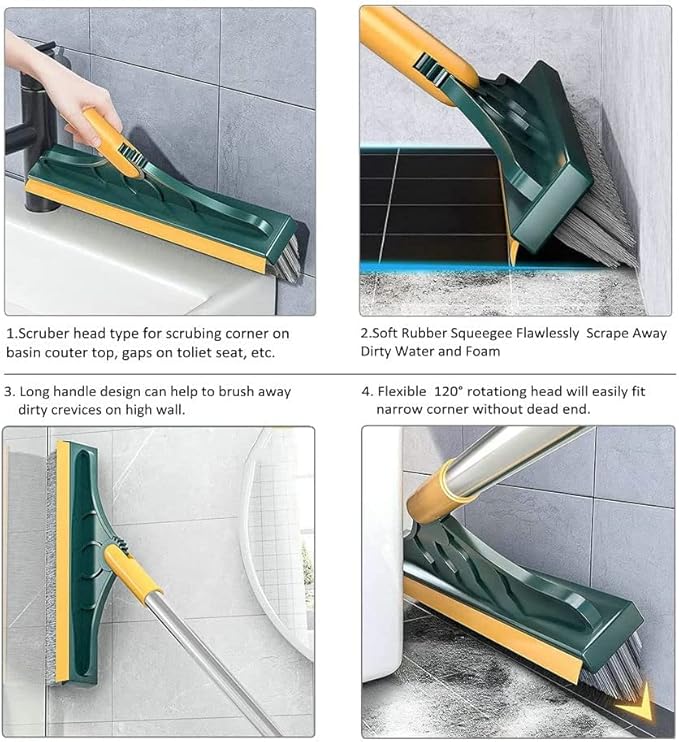 2 in 1 Cleaning Scrub Brush Grout Brush Scrape Floor Scrub Brush with Long Handle V-Shape Stiff Bristle Brush Scrubber with Squeegee 120°Rotating Shower Scruber for Cleaning Bathroom Glass Wall