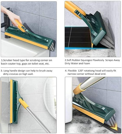 2 in 1 Cleaning Scrub Brush Grout Brush Scrape Floor Scrub Brush with Long Handle V-Shape Stiff Bristle Brush Scrubber with Squeegee 120°Rotating Shower Scruber for Cleaning Bathroom Glass Wall
