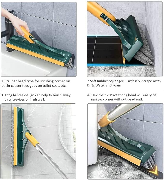 2 in 1 Cleaning Scrub Brush Grout Brush Scrapee 3 Poles 47.6'' Floor Scrub Brush with Long Handle V-Shape Stiff Bristle Brush Scrubber with Squeegee 120°Rotate Shower Scruber for Bathroom Glass