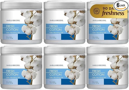SMELLS BEGONE 15oz Gel Odor Eliminator - Absorb & Remove Tough Odors in Pet Areas, Bathrooms, Basements, Garage, Cars, RVs & Boats - Eliminate Odors Quickly (6-Pack, Fresh Cotton)