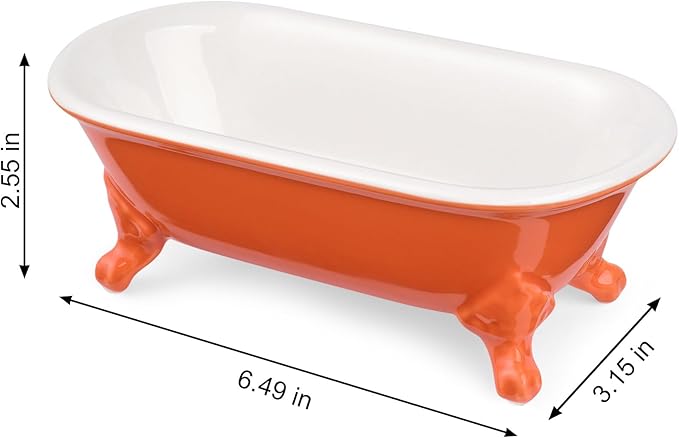 6.5" Ceramic Mini Decorative Clawfoot Bathtub Bar Soap Dish, Kitchen Sponge Holder and Shower Tray for Bathroom, 1 Pack(Dark Orange)
