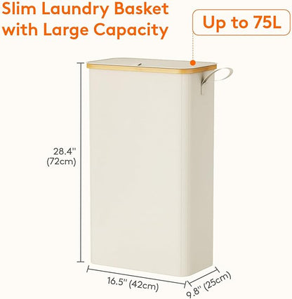 Lifewit 75L Slim Laundry Hamper with Lid, Narrow Laundry Basket with Removable Bag & Bamboo Handles, Fodable Thin Dirty Clothes Hamper for Laundry Collapsible Bin for Bathroom Bedroom Dorm, White