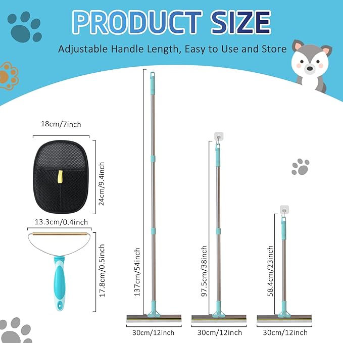 Carpet Rake for Pet Hair Removal Tool, Reusable Pet Hair Remover Broom with 54” Adjustable Long Handle, Cat Dog Hair Remover Carpet Scraper Broom with Copper Rake Teeth & TPU Brush for Rugs Mats Couch