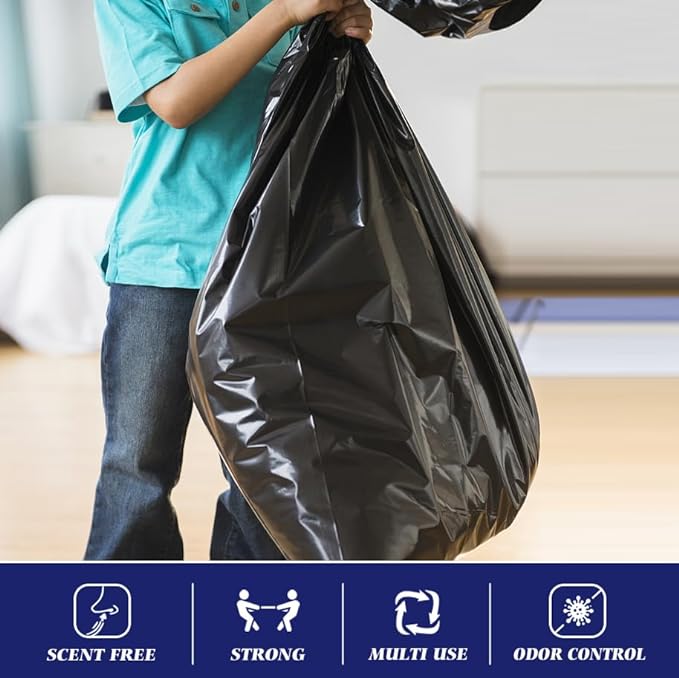 Teivio Large Black Trash Bags 64-65 Gallon 32 Counts Industrial Sturdy Garbage Bags, Extra Large Lawn and Leaf Bags Outdoor Commercial Trash Can Liner for Construction Sites, Workshops, Backyard
