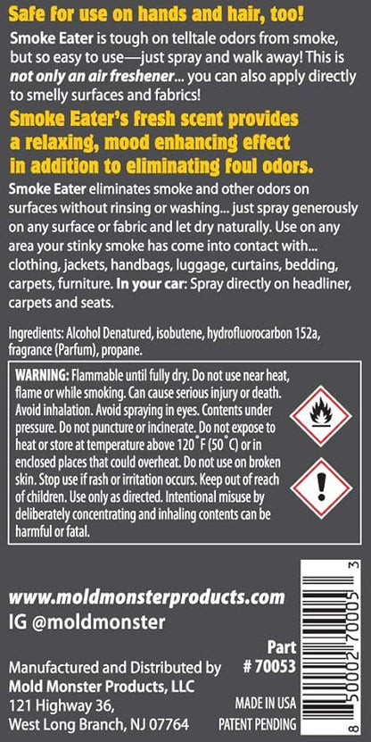 Smoke Eater Odor Eliminator Aerosol Spray, Black Glacier, 3.5 oz — Tea Tree Oil Breaks Down Smoke at the Molecular Level
