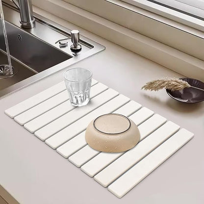 Large Stone Dish Drying Mat for Kitchen Counter, 24"(L)×16"(W), Collapsible Quick Drying Dish Mats, Ultra Absorbent Diatomaceous Earth Mats for Dishes Bottles Cups, Match Any Countertop