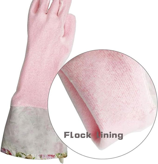 KINGFINGER 2 Pairs Latex-Free Reusable Dishwashing Gloves,PVC Waterproof Long Cuff and Flock Lining Household Cleaning Gloves,for Kitchen & Bathroom Cleaning, Large
