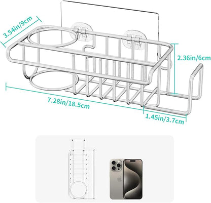 HapiRm 4 in 1 Sink Caddy Sponge Holder, SUS304 Stainless Steel Kitchen Brush Holder + Dish Cloth Hanger + Soap Rack + Sink Stopper Rack + Sponge Caddy for Kitchen - Silver