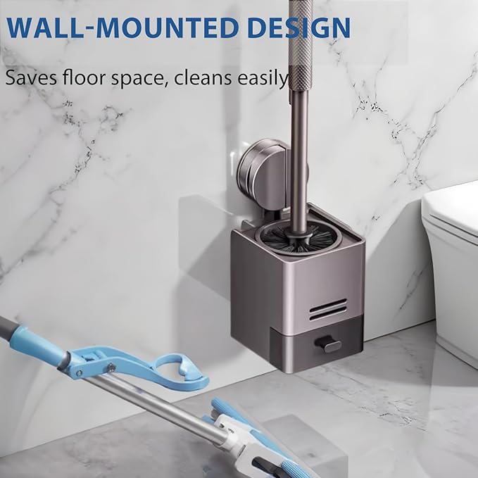 2Pack Toilet Brush and Holder Set,Suction Cups Wall Mounted Toilet Bowl Brush with Hideaway Caddy for Smooth Tiles/Glass,Toilet Cleaner Brush with Drip Tray for Bathroom Toilet RV Yacht Cleaning