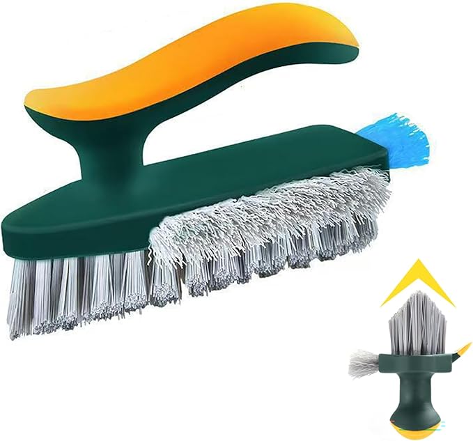 4 in 1 Grout Cleaning Brush with Scrape, V Shape Grout Cleaner Brush for Tile Floors, Tile Grout Brush with Stiff Bristles for Shower, Bathroom, Corner, Baseboard, Kitchen, Household - Green