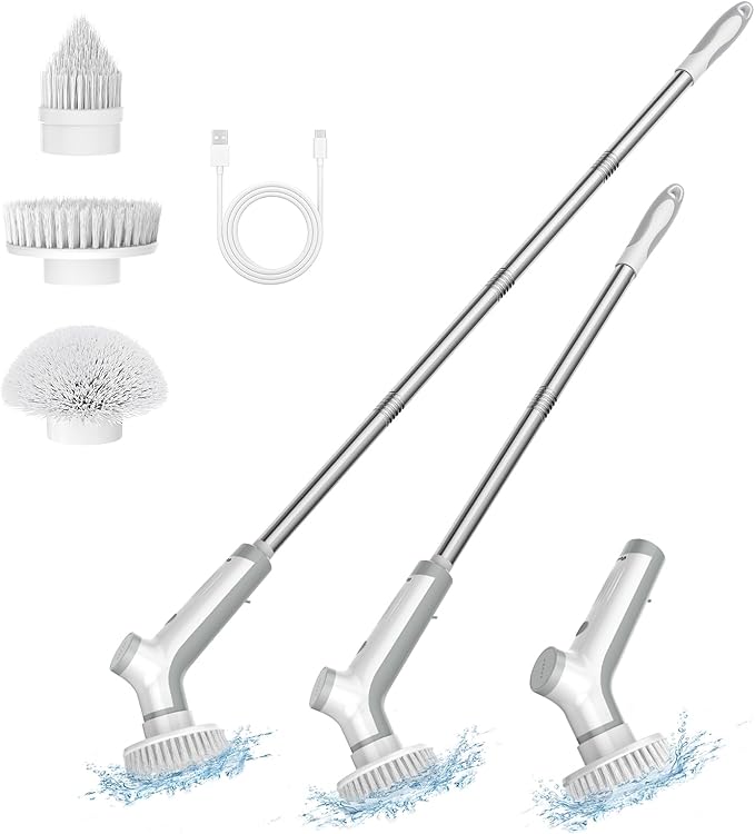 VEWIOR Electric Spin Scrubber, Cordless Cleaning Brush with 3 Adjustable Angle 2 Speeds 3 Replaceable Brush Heads for Floor Bathroom Tub Tile Kitchen Window