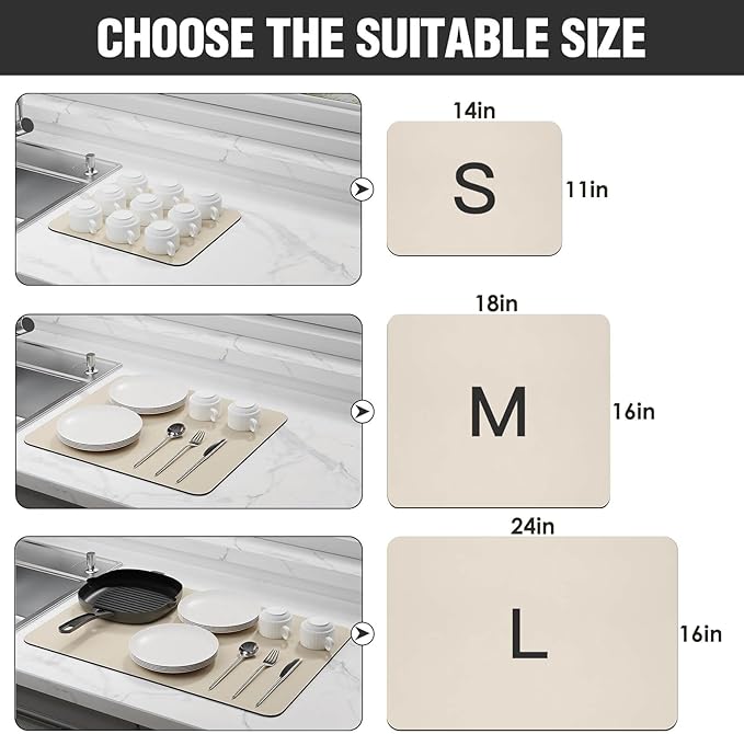 Dish Drying Mat for Kitchen Counter Super Absorbent Drainer Mats with Non-slip Rubber Backed Hide Stain Heat Resistant Easy to Clean Dish Rack Mat (Beige, S-14"x11")
