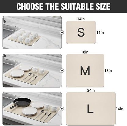 Dish Drying Mat for Kitchen Counter Super Absorbent Drainer Mats with Non-slip Rubber Backed Hide Stain Heat Resistant Easy to Clean Dish Rack Mat (Beige, S-14"x11")