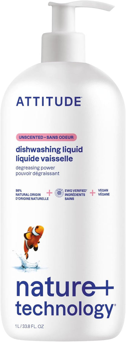 ATTITUDE Dish Soap, EWG Verified, Plant-Based & Vegan Dishwashing Liquid, Naturally Derived, Unscented, 33.8 Fl Oz